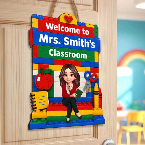 Personalized Wooden Sign with Sitting Teacher Character, Building Brick Classroom Decor, Unique Creative Gift - Image 3