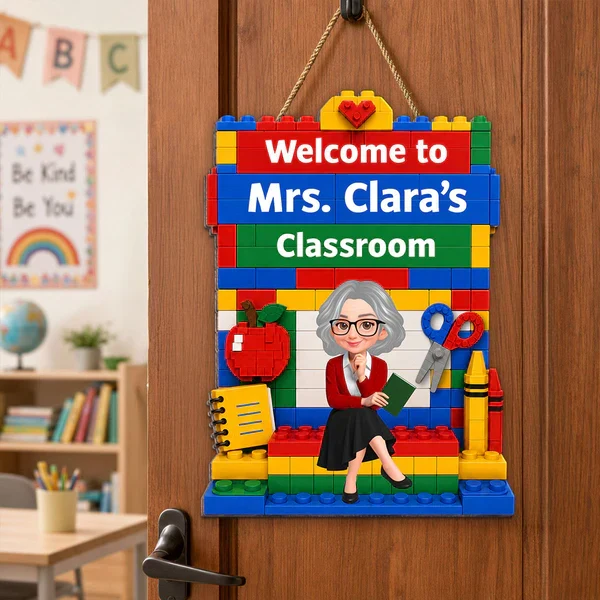 Personalized Wooden Sign with Sitting Teacher Character, Building Brick Classroom Decor, Unique Creative Gift - Image 5