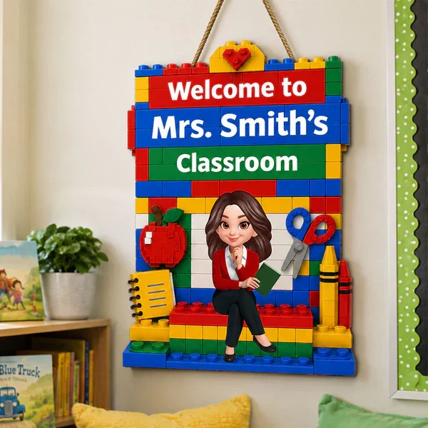 Personalized Wooden Sign with Sitting Teacher Character, Building Brick Classroom Decor, Unique Creative Gift - Image 6