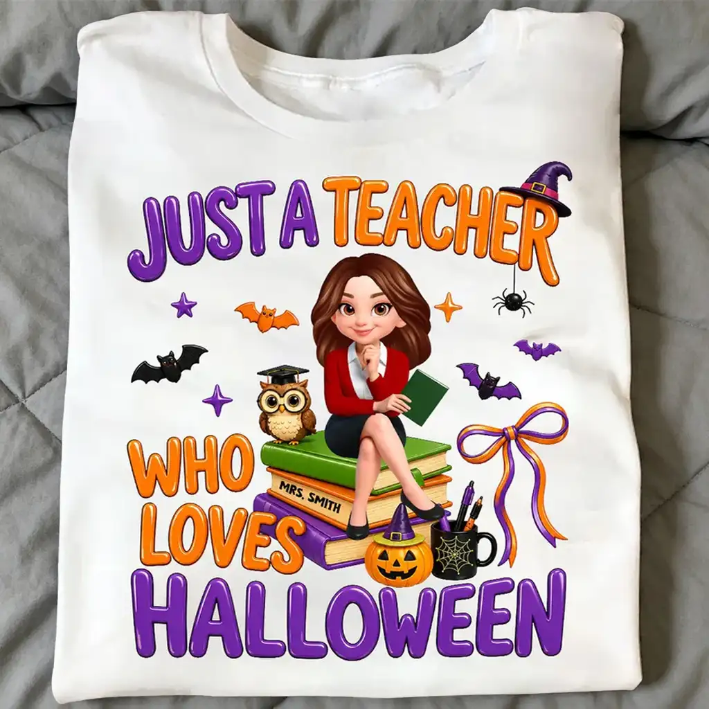 Personalized Classic Tee, Cartoon Teacher Sitting on Books, Unique Creative Halloween Gift for Teachers