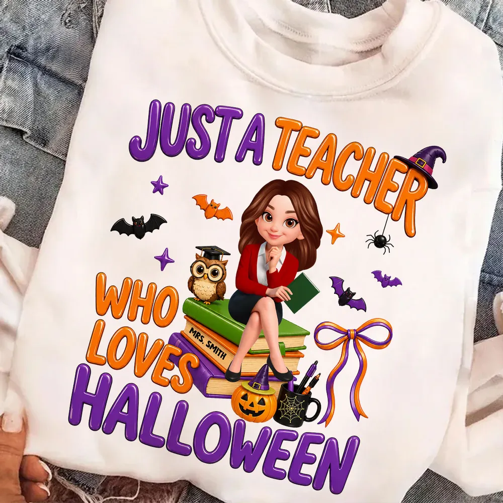 Personalized Classic Tee, Cartoon Teacher Sitting on Books, Unique Creative Halloween Gift for Teachers - Image 2