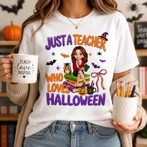 Personalized Classic Tee, Cartoon Teacher Sitting on Books, Unique Creative Halloween Gift for Teachers - Image 3