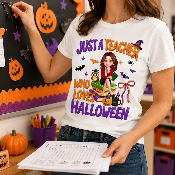 Personalized Classic Tee, Cartoon Teacher Sitting on Books, Unique Creative Halloween Gift for Teachers - Image 4