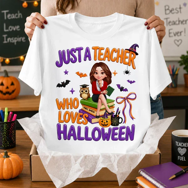 Personalized Classic Tee, Cartoon Teacher Sitting on Books, Unique Creative Halloween Gift for Teachers - Image 5