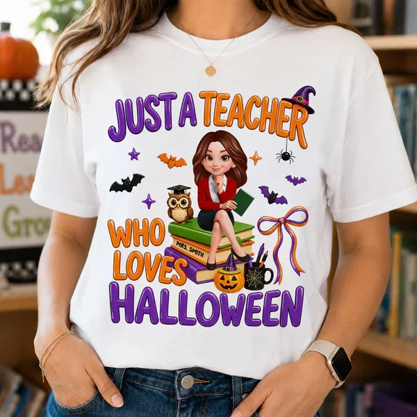 Personalized Classic Tee, Cartoon Teacher Sitting on Books, Unique Creative Halloween Gift for Teachers - Image 6