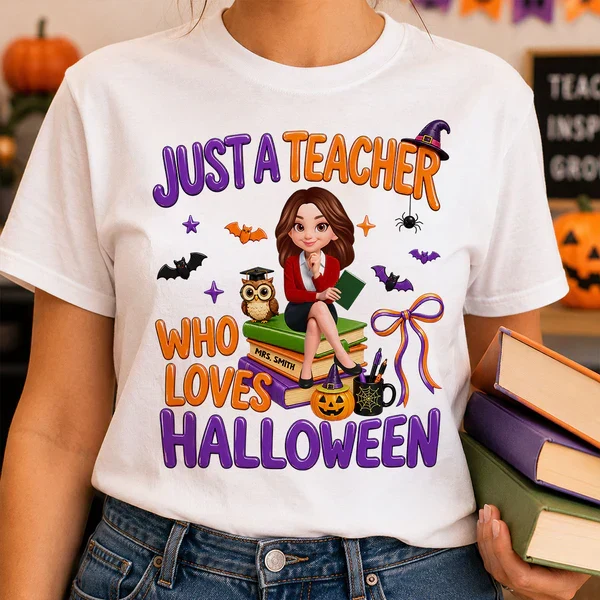 Personalized Classic Tee, Cartoon Teacher Sitting on Books, Unique Creative Halloween Gift for Teachers - Image 7