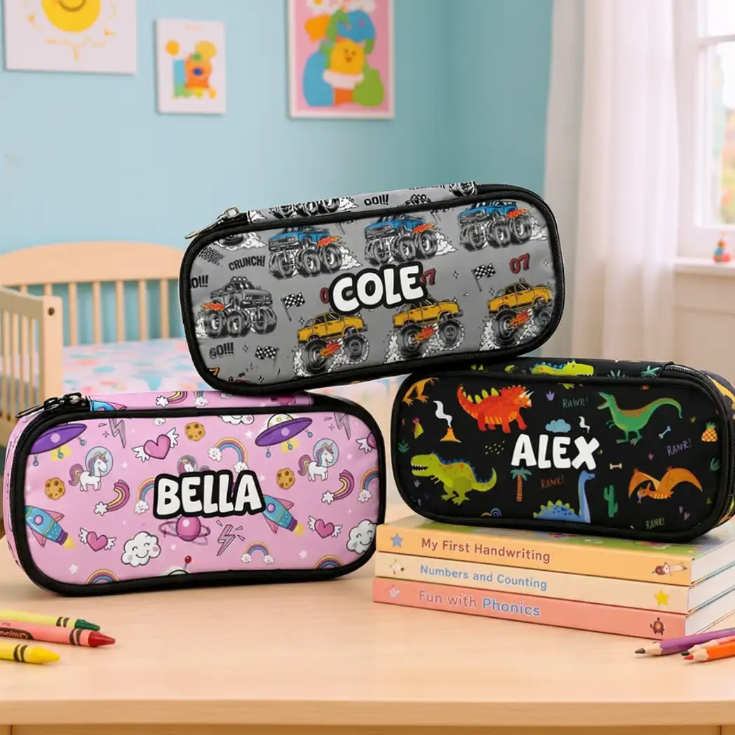 Personalized Full Print Pencil Case with Cartoon Truck, Dinosaur & Unicorn Patterns, Unique Creative Gift for Kids