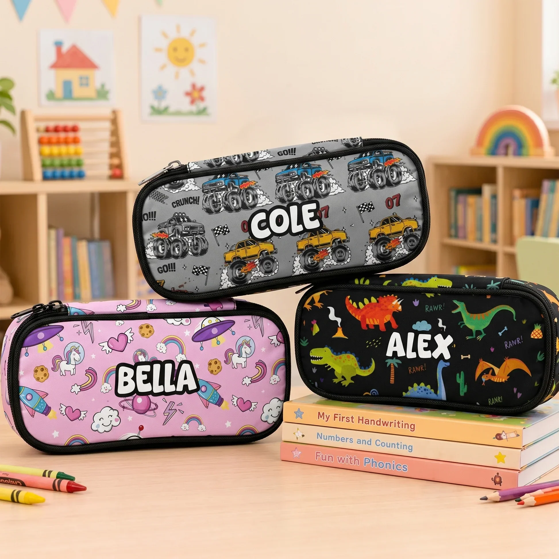 Personalized Full Print Pencil Case with Cartoon Truck, Dinosaur & Unicorn Patterns, Unique Creative Gift for Kids - Image 2