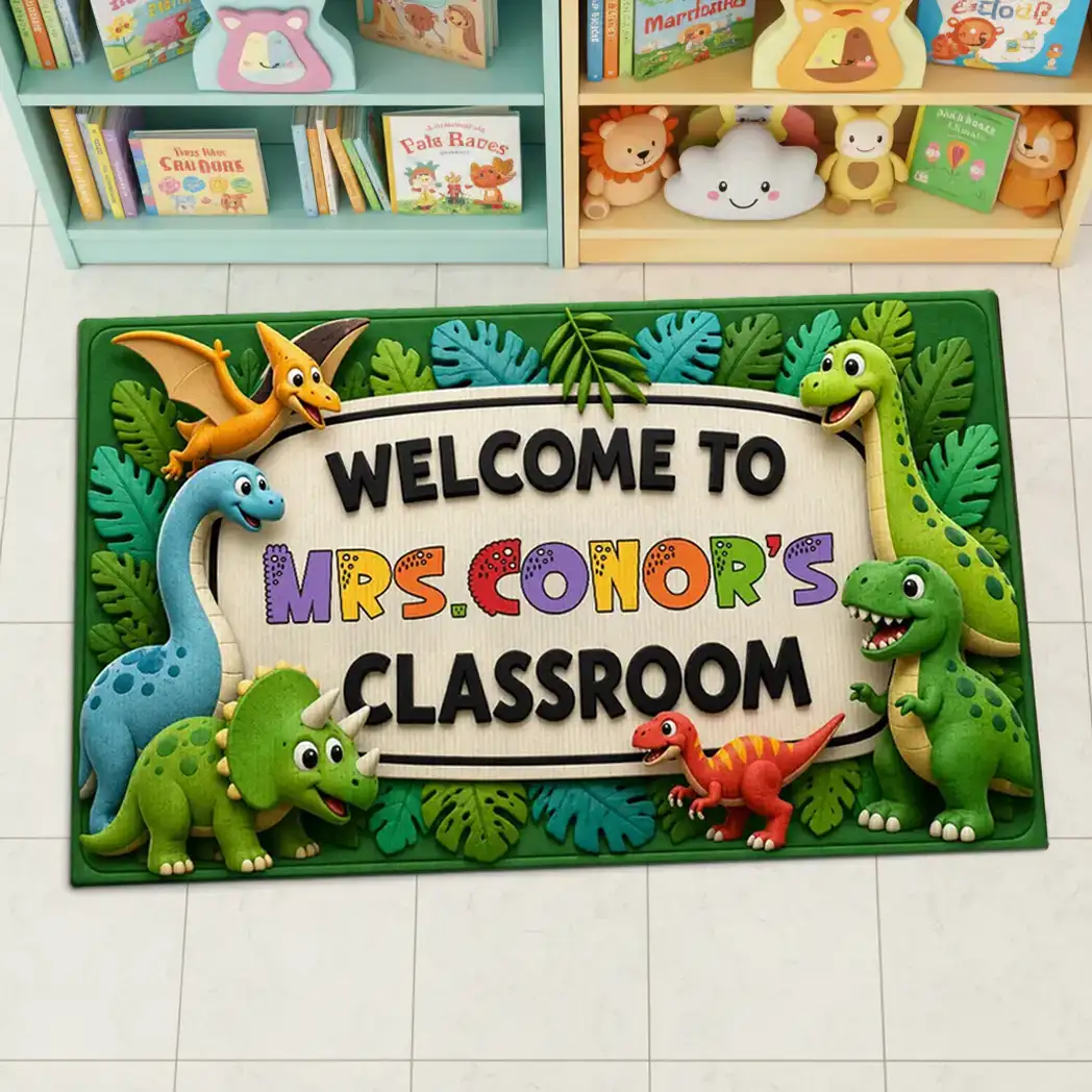 Personalized Standard Doormat with Safari Dinosaurs, Unique Teacher Gift for Classroom Entry