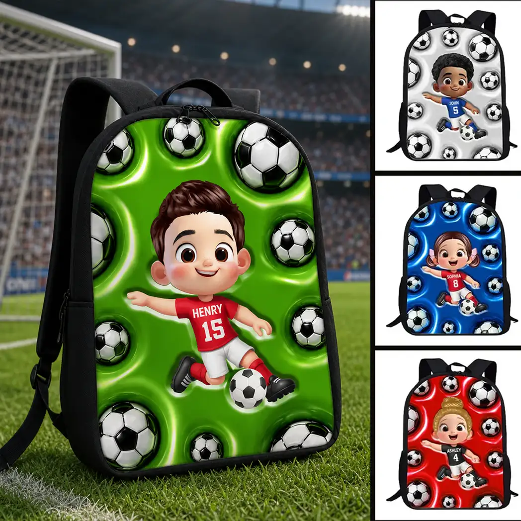 Personalized Kids School Backpack, Cute Soccer Player Kicking Ball, Unique Creative Gift For Kids