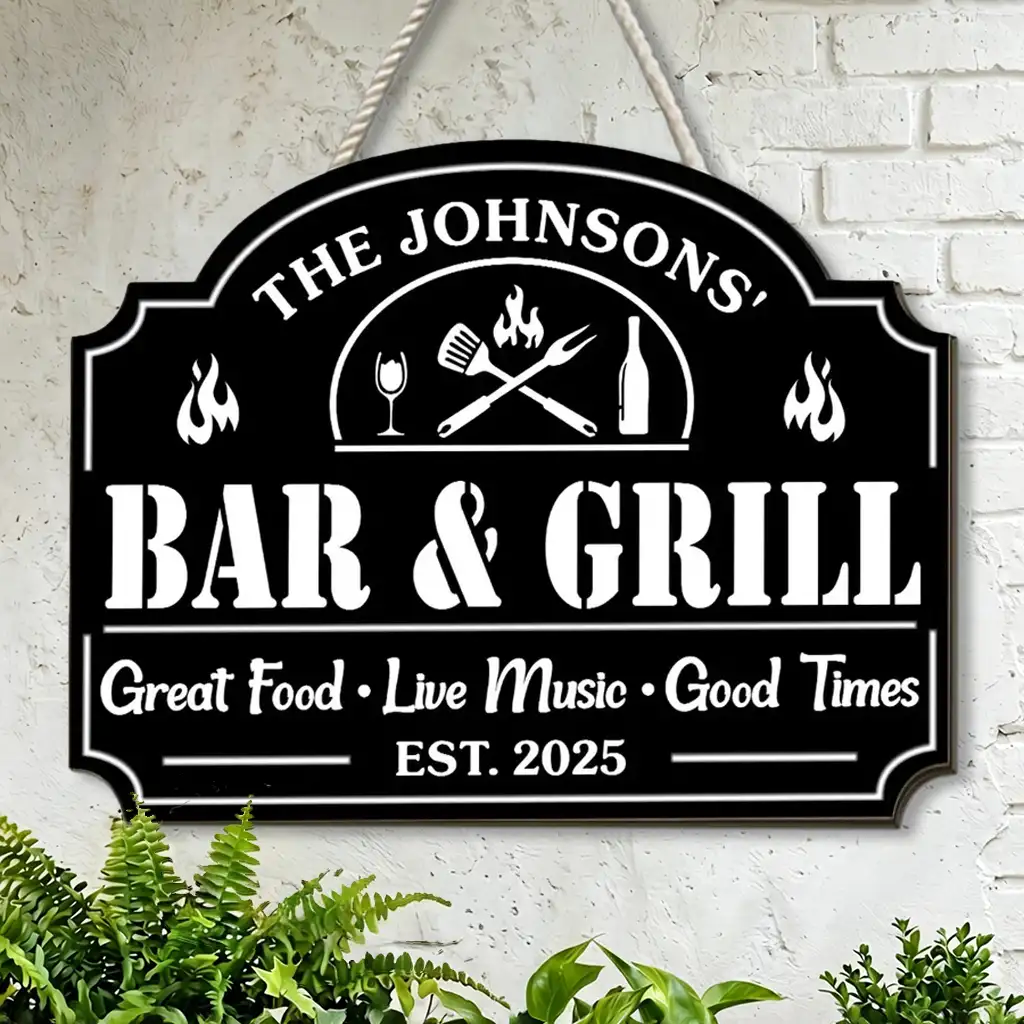 Personalized Wooden Sign with Flame & Grill Tools, Unique Gift for Backyard Bar Hosts