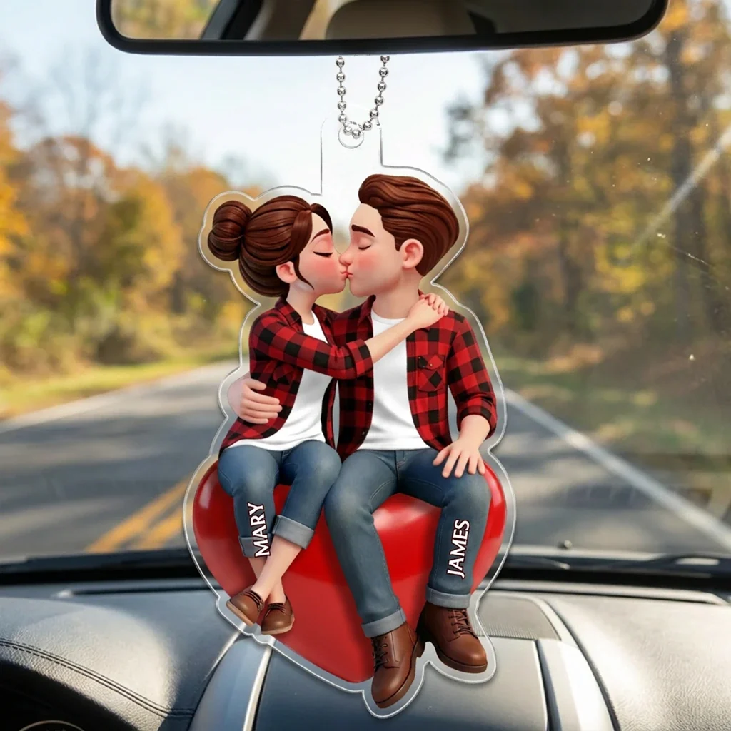 Personalized Acrylic Car Hanger, Romantic Couple Kiss Car Mirror Decor, Unique Gift for Boyfriend