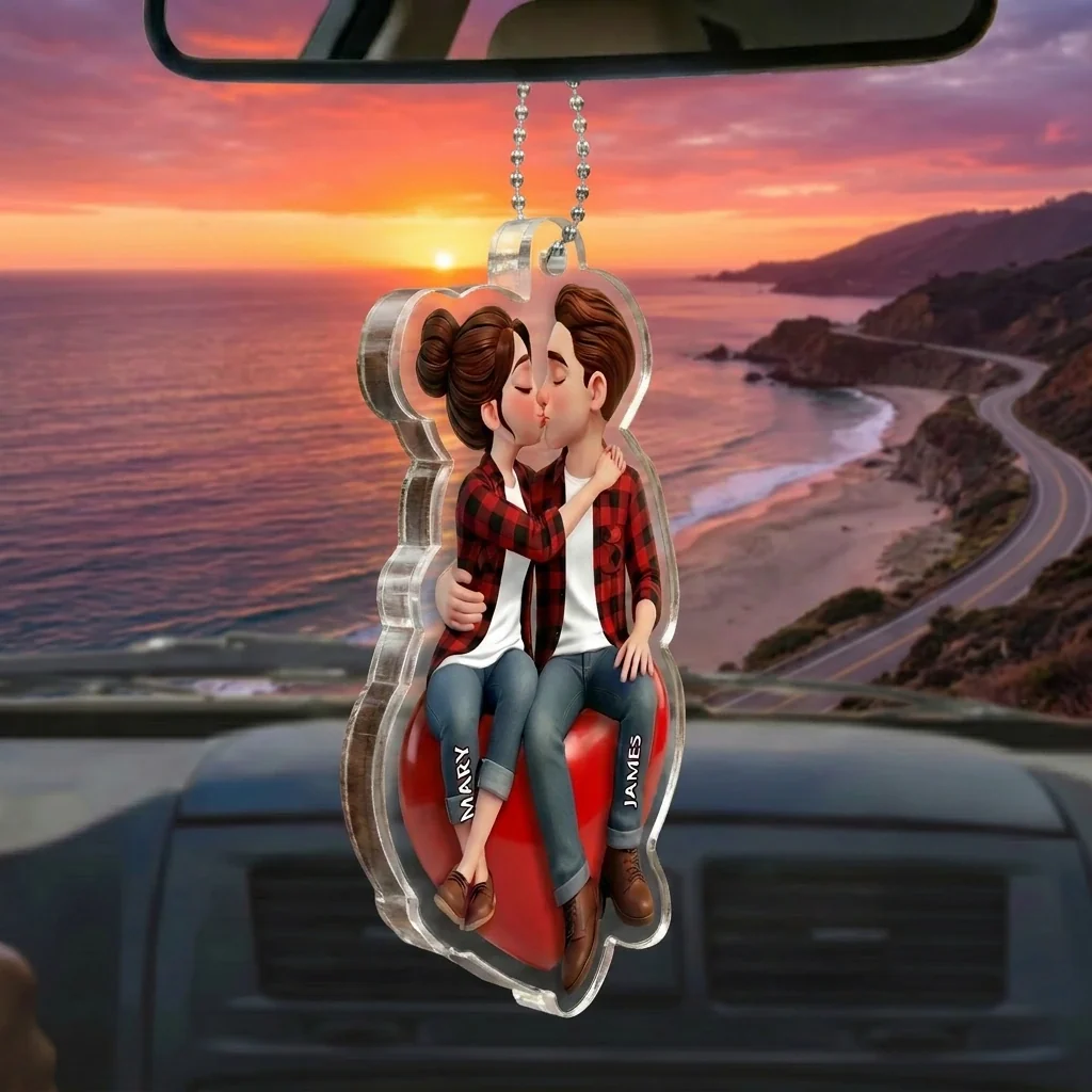 Personalized Acrylic Car Hanger, Romantic Couple Kiss Car Mirror Decor, Unique Gift for Boyfriend - Image 2