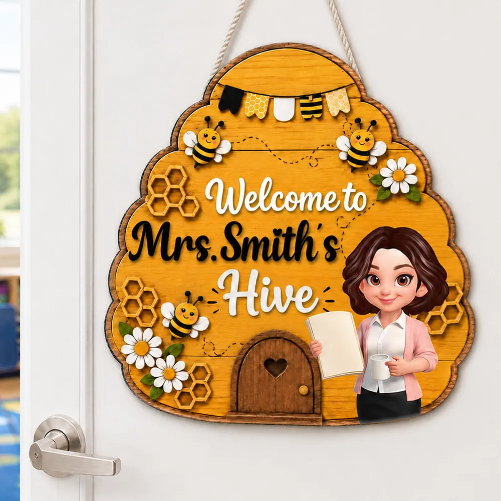 Personalized Wooden Sign with Teacher Holding a Book, Bee Hive Classroom Decor, Unique Back to School Gift - Image 2