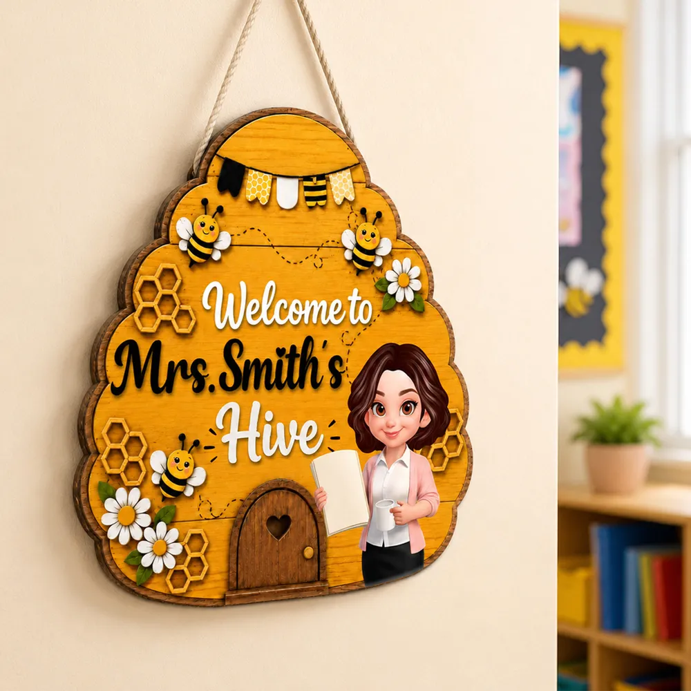 Personalized Wooden Sign with Teacher Holding a Book, Bee Hive Classroom Decor, Unique Back to School Gift - Image 3
