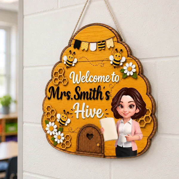 Personalized Wooden Sign with Teacher Holding a Book, Bee Hive Classroom Decor, Unique Back to School Gift - Image 4