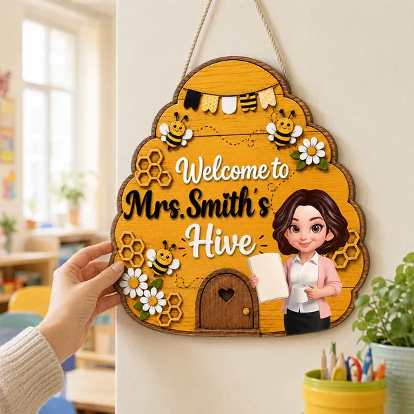 Personalized Wooden Sign with Teacher Holding a Book, Bee Hive Classroom Decor, Unique Back to School Gift - Image 5
