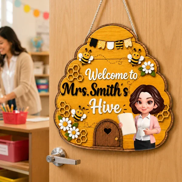 Personalized Wooden Sign with Teacher Holding a Book, Bee Hive Classroom Decor, Unique Back to School Gift - Image 7