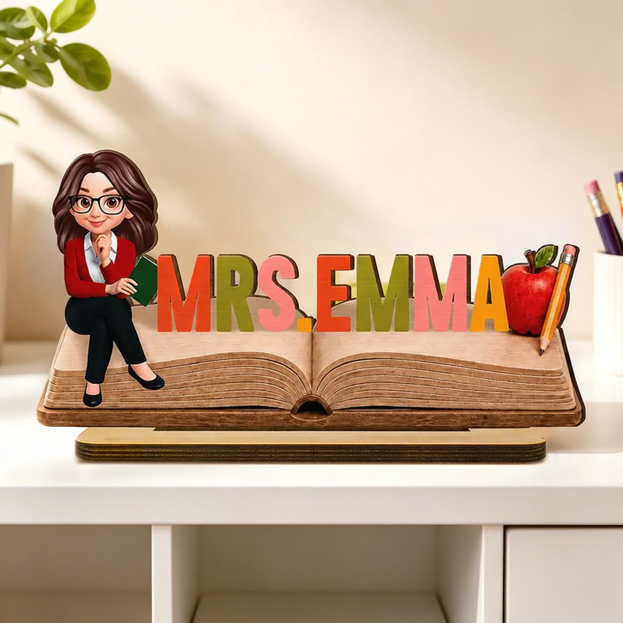 Personalized 2-Layer Wooden Plaque, Open Book Teacher Name Sign, Unique Classroom Desk Gift
