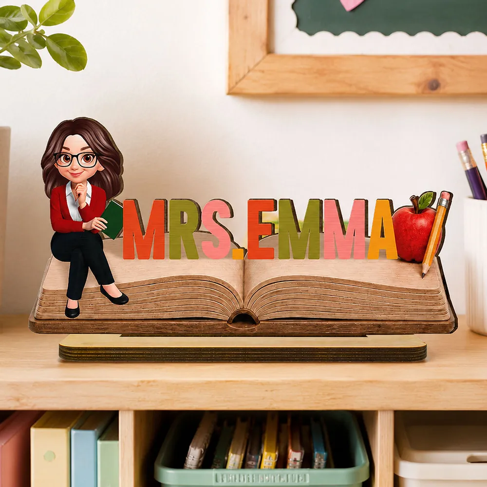 Personalized 2-Layer Wooden Plaque, Open Book Teacher Name Sign, Unique Classroom Desk Gift - Image 2