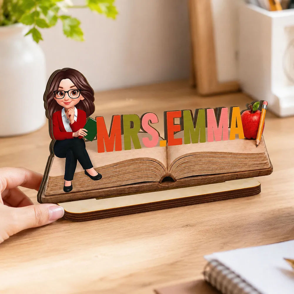 Personalized 2-Layer Wooden Plaque, Open Book Teacher Name Sign, Unique Classroom Desk Gift - Image 3