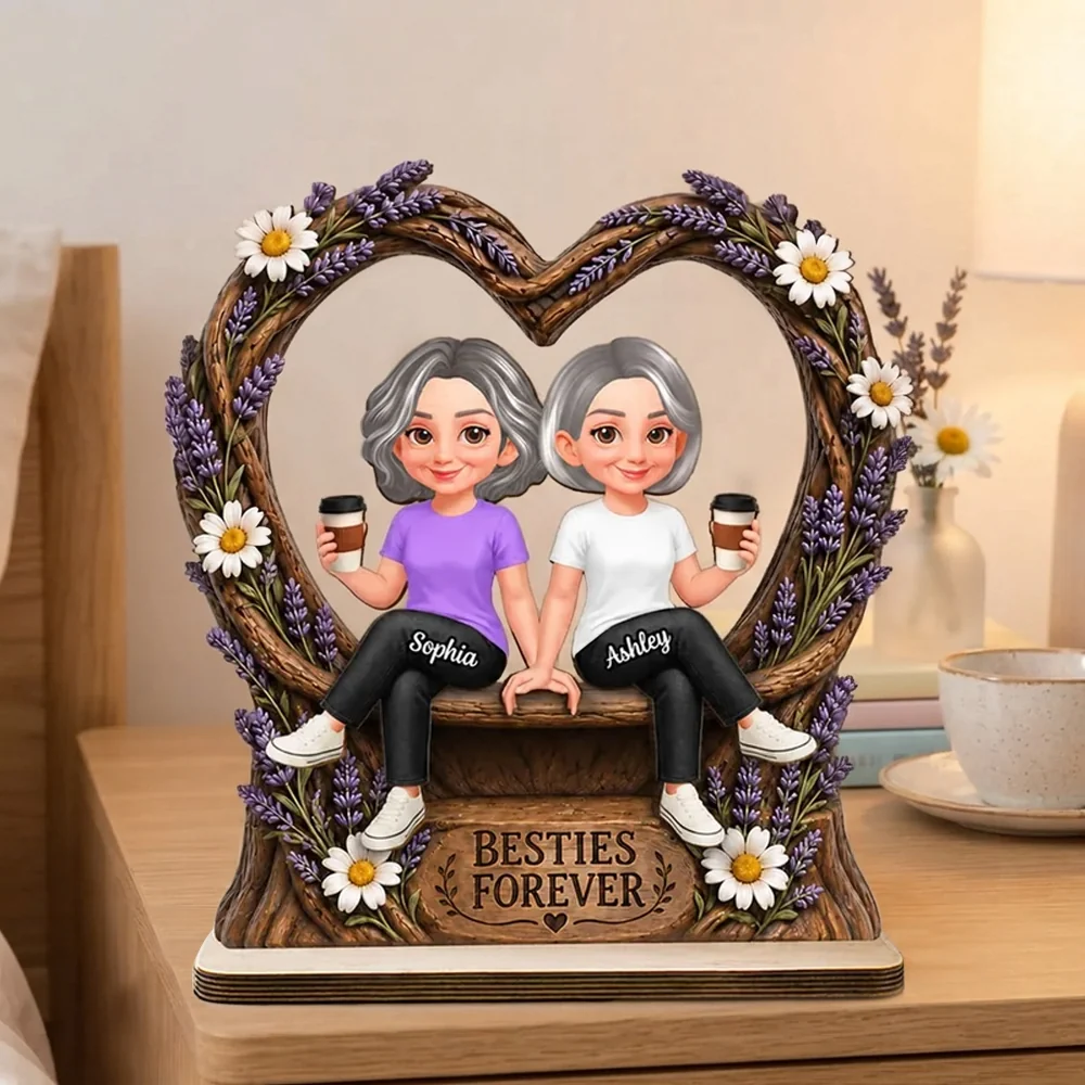 Personalized 2-Layer Wooden Plaque with Sitting Friends, Lavender Heart, Unique Gift for Besties