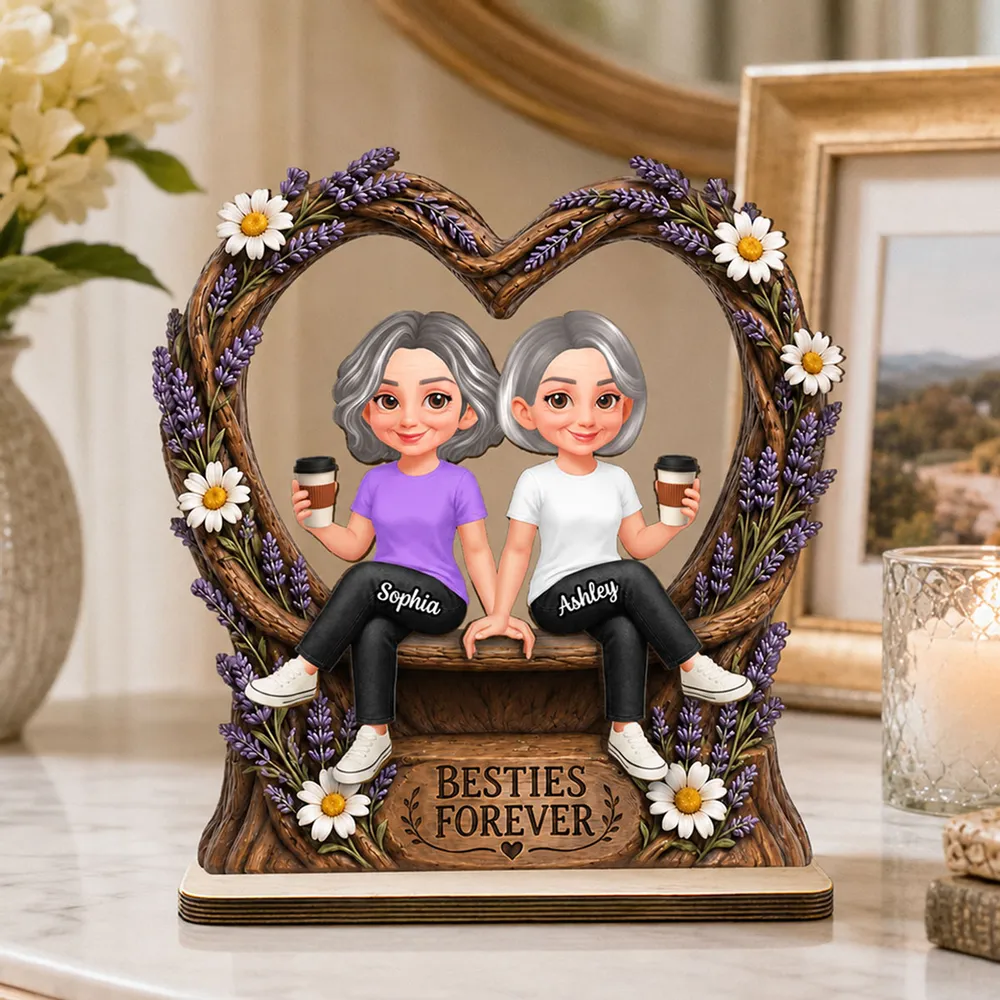 Personalized 2-Layer Wooden Plaque with Sitting Friends, Lavender Heart, Unique Gift for Besties - Image 2