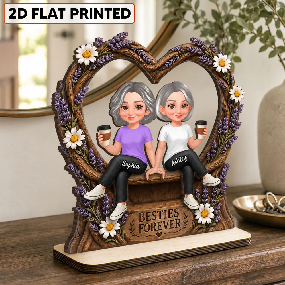 Personalized 2-Layer Wooden Plaque with Sitting Friends, Lavender Heart, Unique Gift for Besties - Image 3