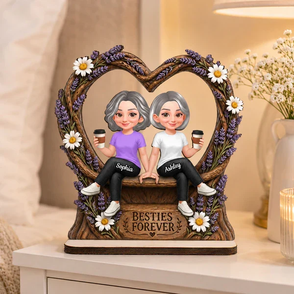 Personalized 2-Layer Wooden Plaque with Sitting Friends, Lavender Heart, Unique Gift for Besties - Image 5