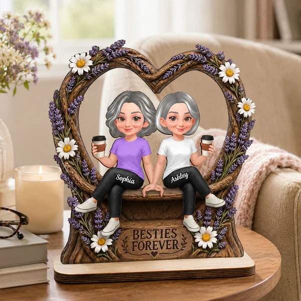Personalized 2-Layer Wooden Plaque with Sitting Friends, Lavender Heart, Unique Gift for Besties - Image 6