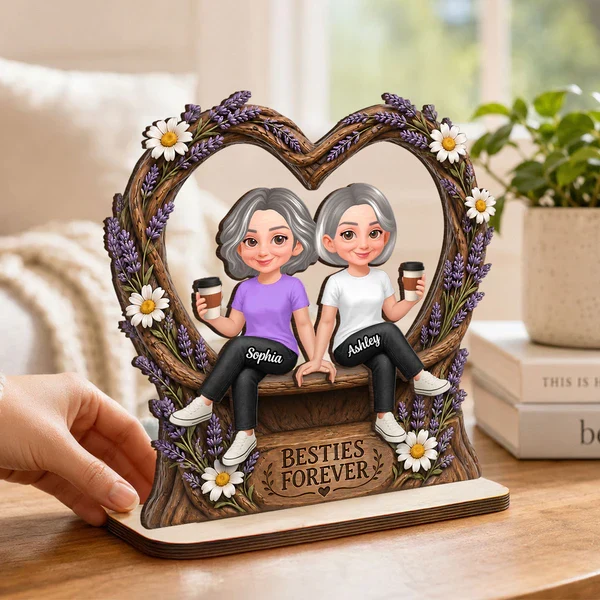 Personalized 2-Layer Wooden Plaque with Sitting Friends, Lavender Heart, Unique Gift for Besties - Image 7