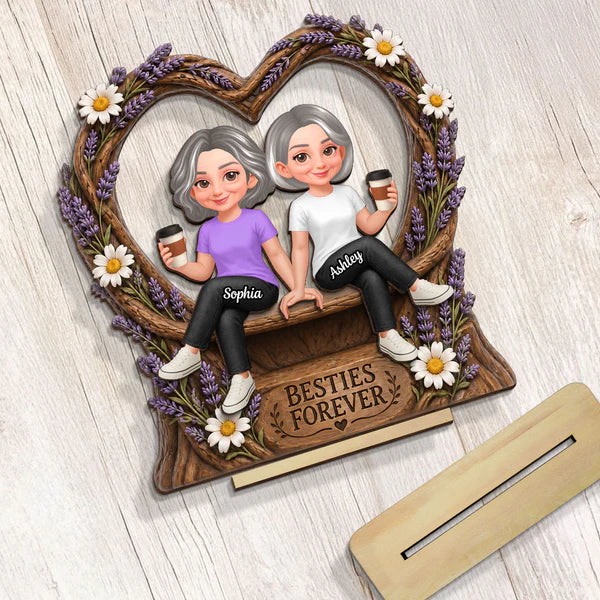 Personalized 2-Layer Wooden Plaque with Sitting Friends, Lavender Heart, Unique Gift for Besties - Image 8
