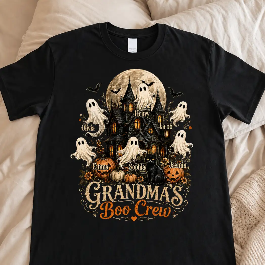 Personalized Classic Tee, Grandma's Boo Crew Haunted House Halloween, Unique Gift for Grandma