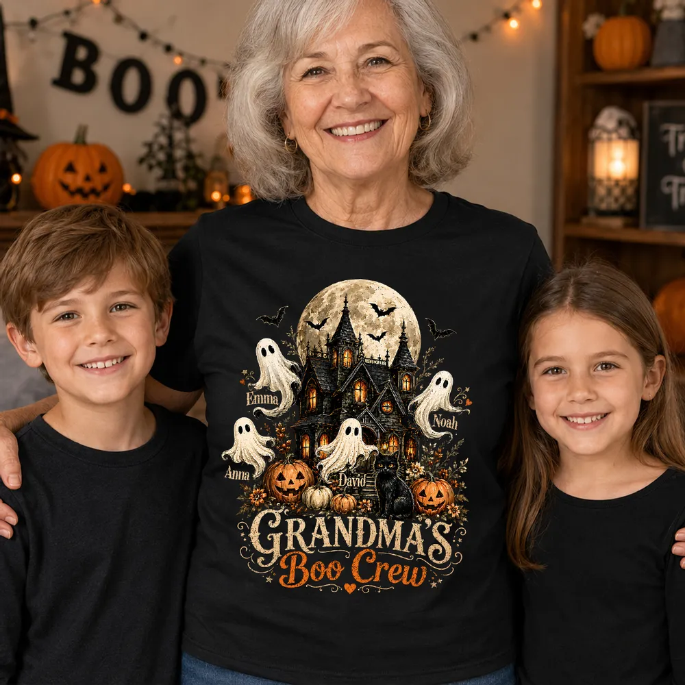 Personalized Classic Tee, Grandma's Boo Crew Haunted House Halloween, Unique Gift for Grandma - Image 2