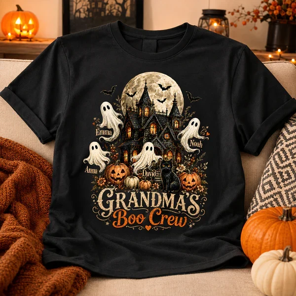 Personalized Classic Tee, Grandma's Boo Crew Haunted House Halloween, Unique Gift for Grandma - Image 4