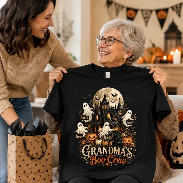 Personalized Classic Tee, Grandma's Boo Crew Haunted House Halloween, Unique Gift for Grandma - Image 5