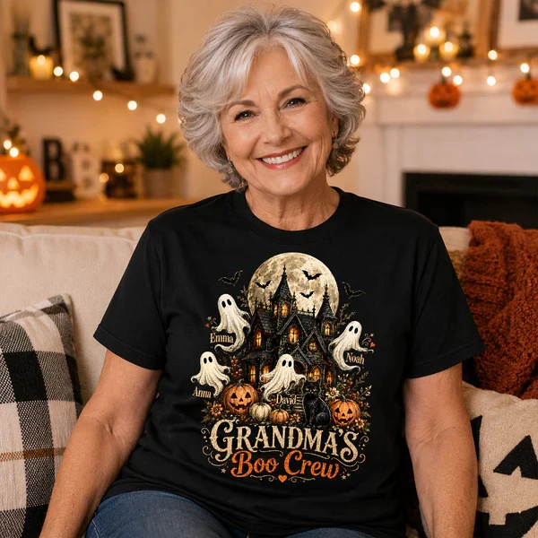 Personalized Classic Tee, Grandma's Boo Crew Haunted House Halloween, Unique Gift for Grandma - Image 6