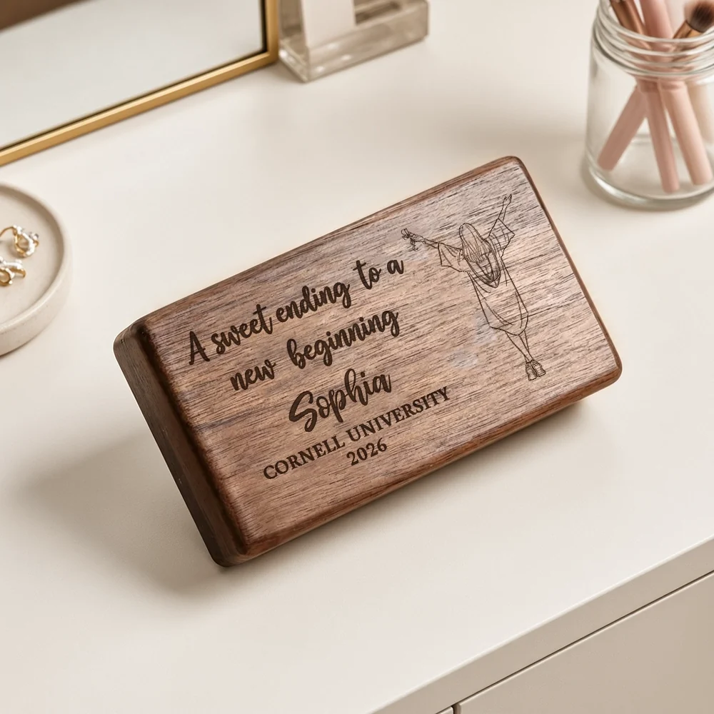 Personalized Black Walnut Jewelry Box, Graduation Girl Illustration, Unique Creative Gift for Her
