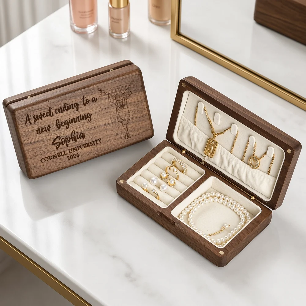 Personalized Black Walnut Jewelry Box, Graduation Girl Illustration, Unique Creative Gift for Her - Image 2