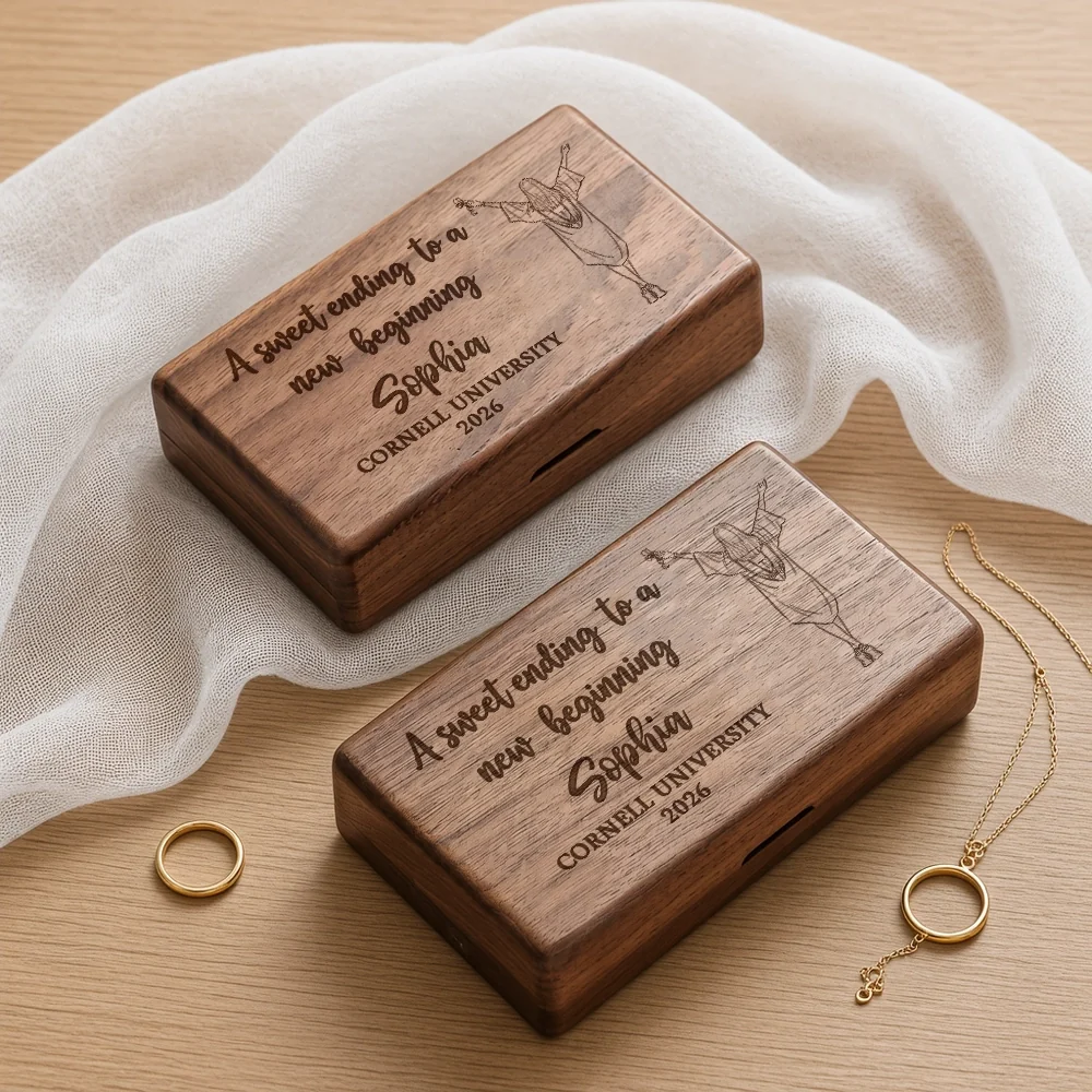 Personalized Black Walnut Jewelry Box, Graduation Girl Illustration, Unique Creative Gift for Her - Image 3