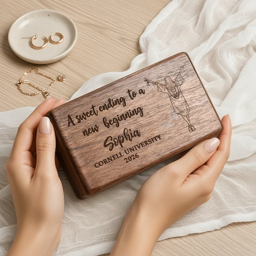 Personalized Black Walnut Jewelry Box, Graduation Girl Illustration, Unique Creative Gift for Her - Image 5