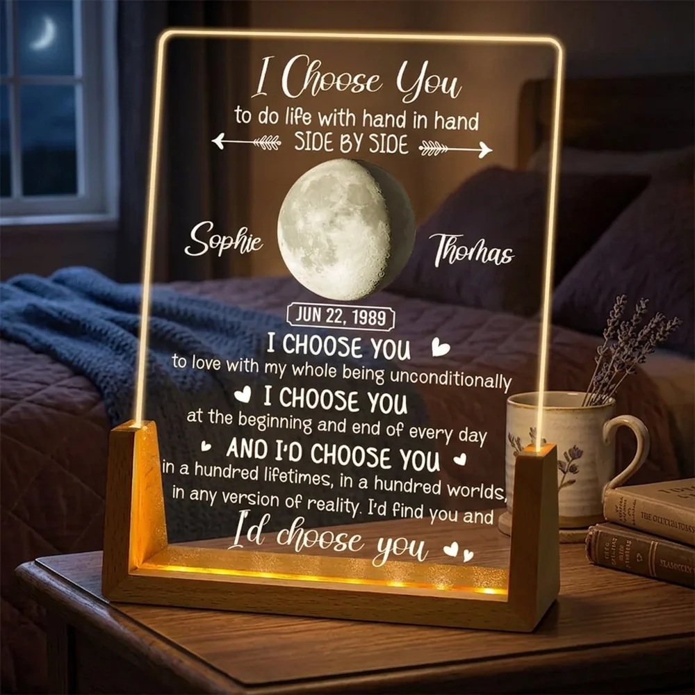 Personalized LED Light Frame With I Choose You Moon Quote, Unique Creative Gift for Couple, Warm Bedside Glow
