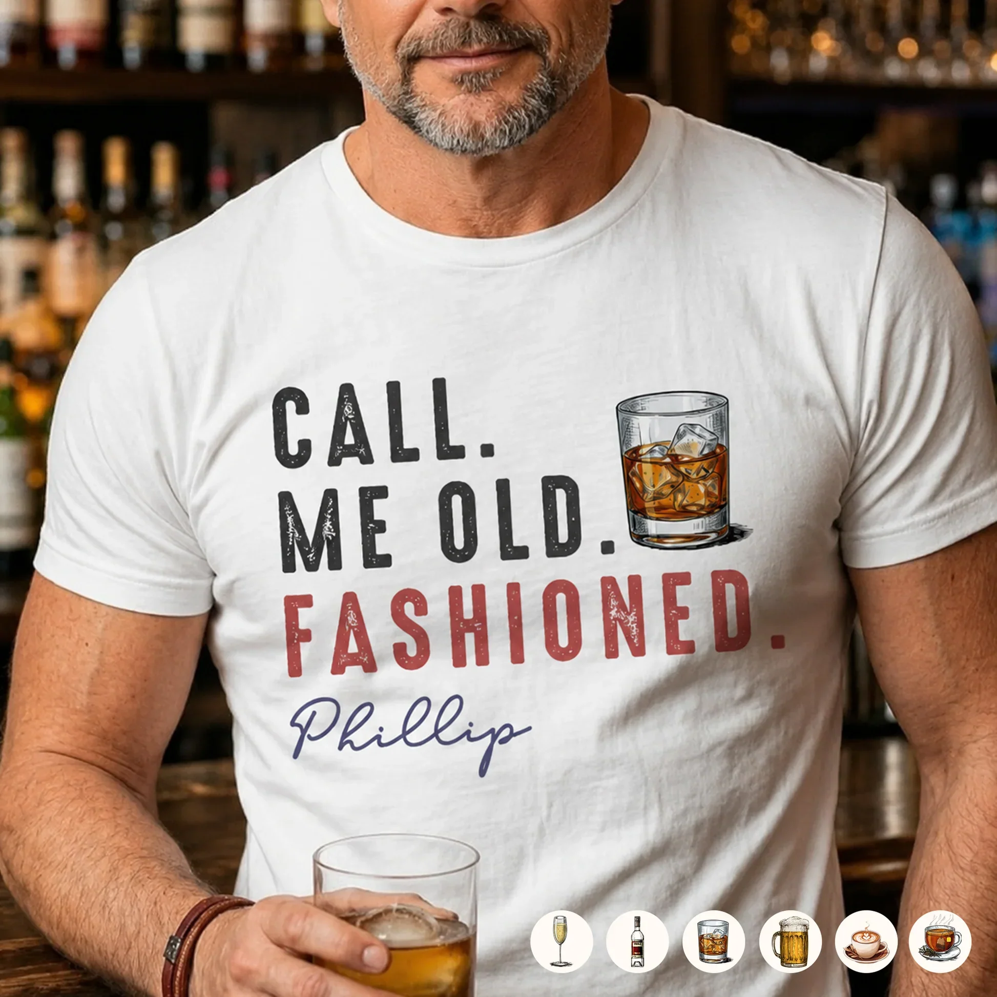 Personalized Classic Tee with Old Fashioned Cocktail Art, Creative Gift for Him, Bar Night Style - Image 2