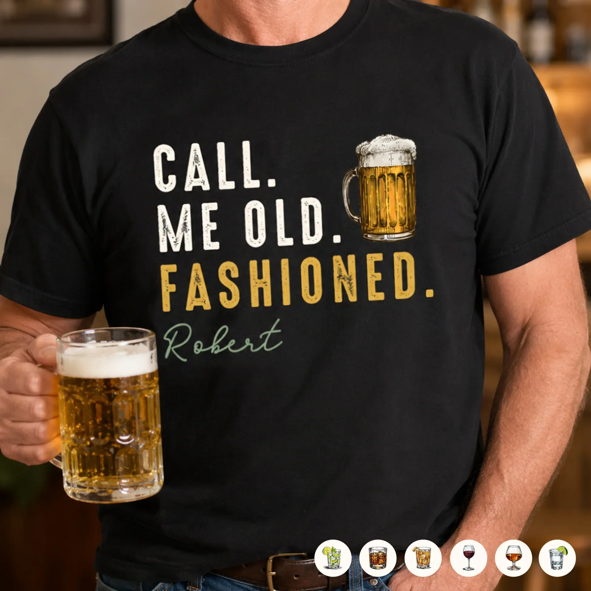 Personalized Classic Tee with Old Fashioned Cocktail Art, Creative Gift for Him, Bar Night Style - Image 3