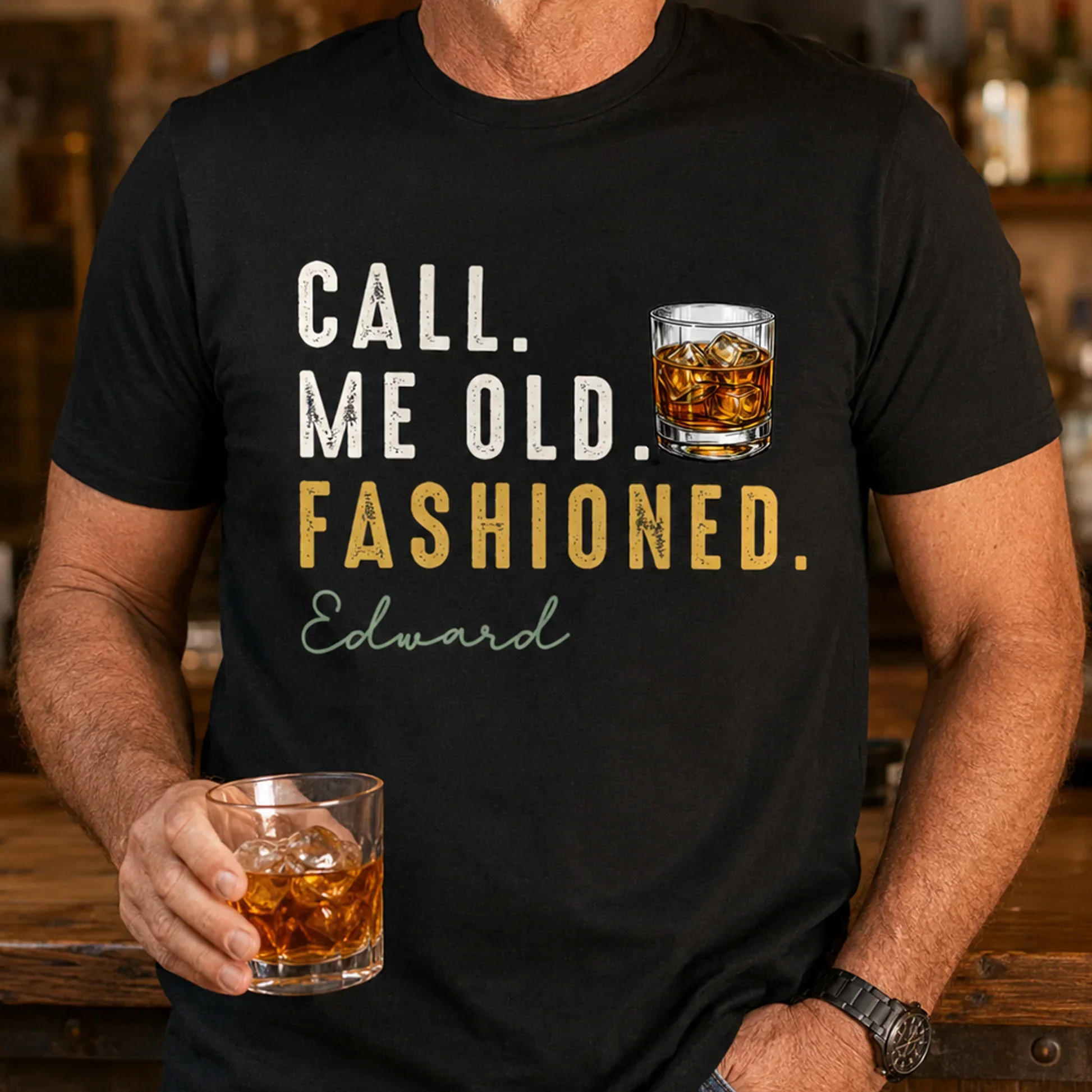 Personalized Classic Tee with Old Fashioned Cocktail Art, Creative Gift for Him, Bar Night Style - Image 4