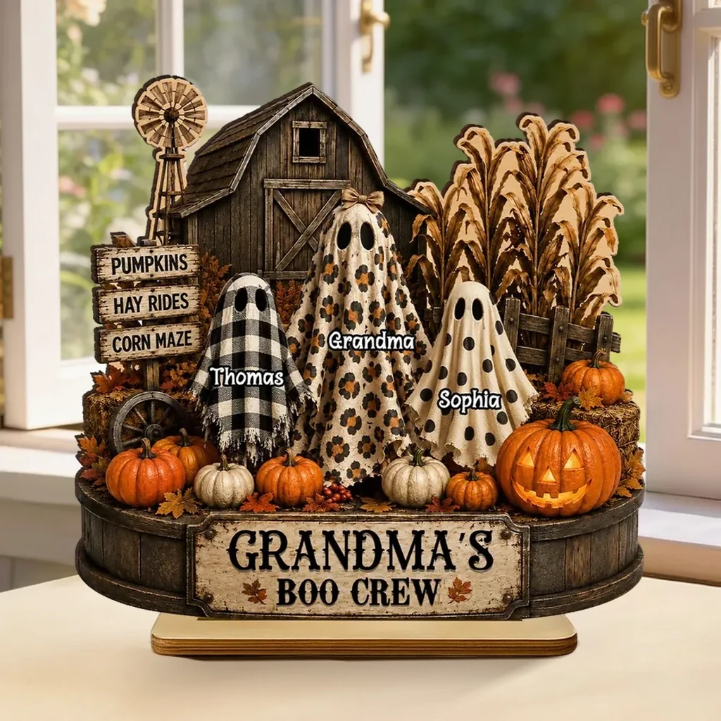 Personalized 2-Layer Wooden Plaque With Grandma's Boo Crew Pumpkin Patch, Unique Halloween Gift for Grandma