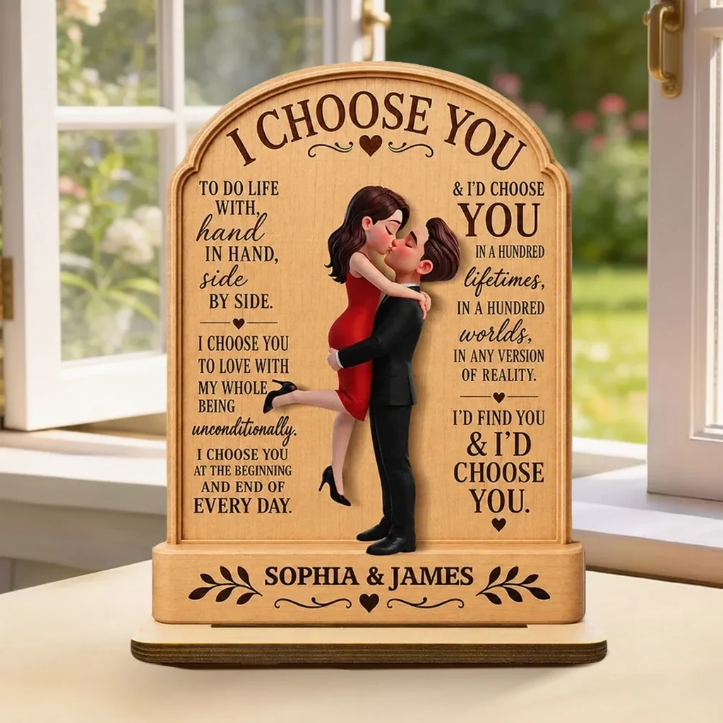 Personalized 2-Layer Wooden Plaque, Hugging Couple I Choose You Design, Unique Anniversary Gift