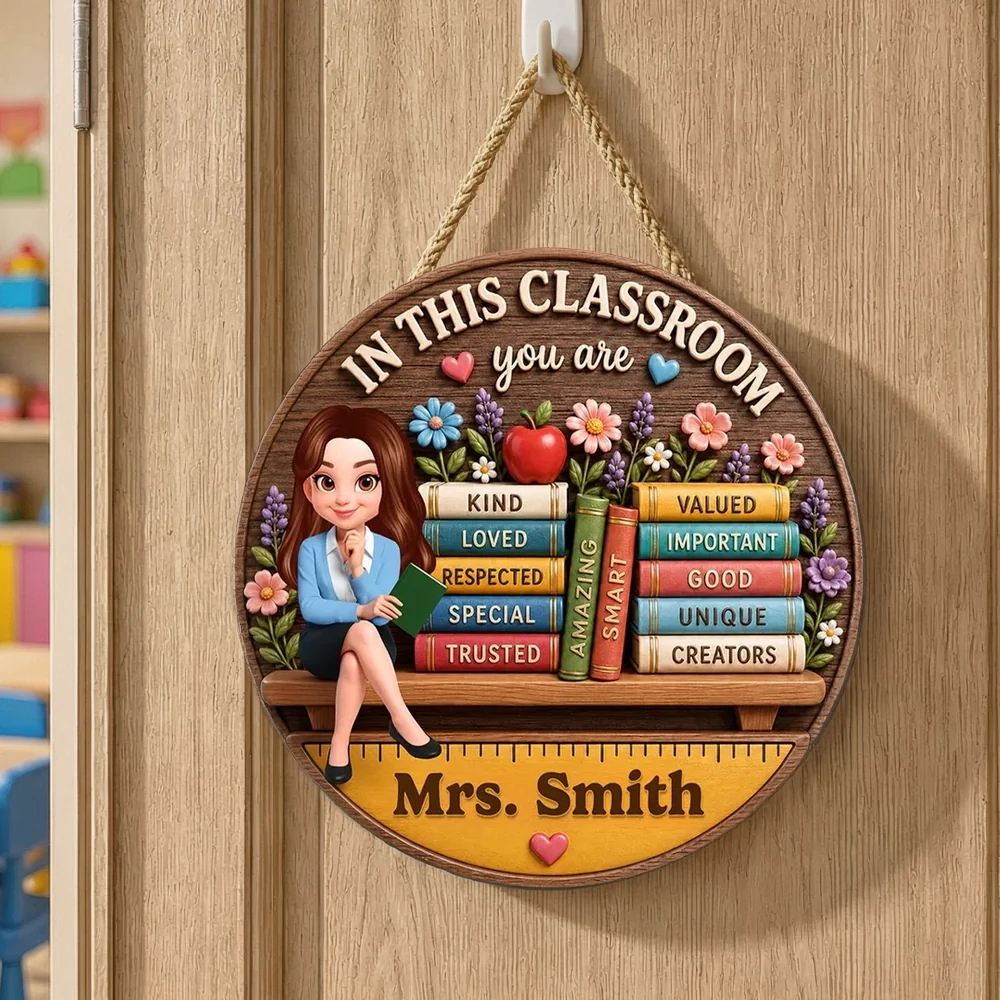 Personalized Wooden Sign for Teacher, Classroom Door Decor with Cartoon Teacher & Books, Unique Gift