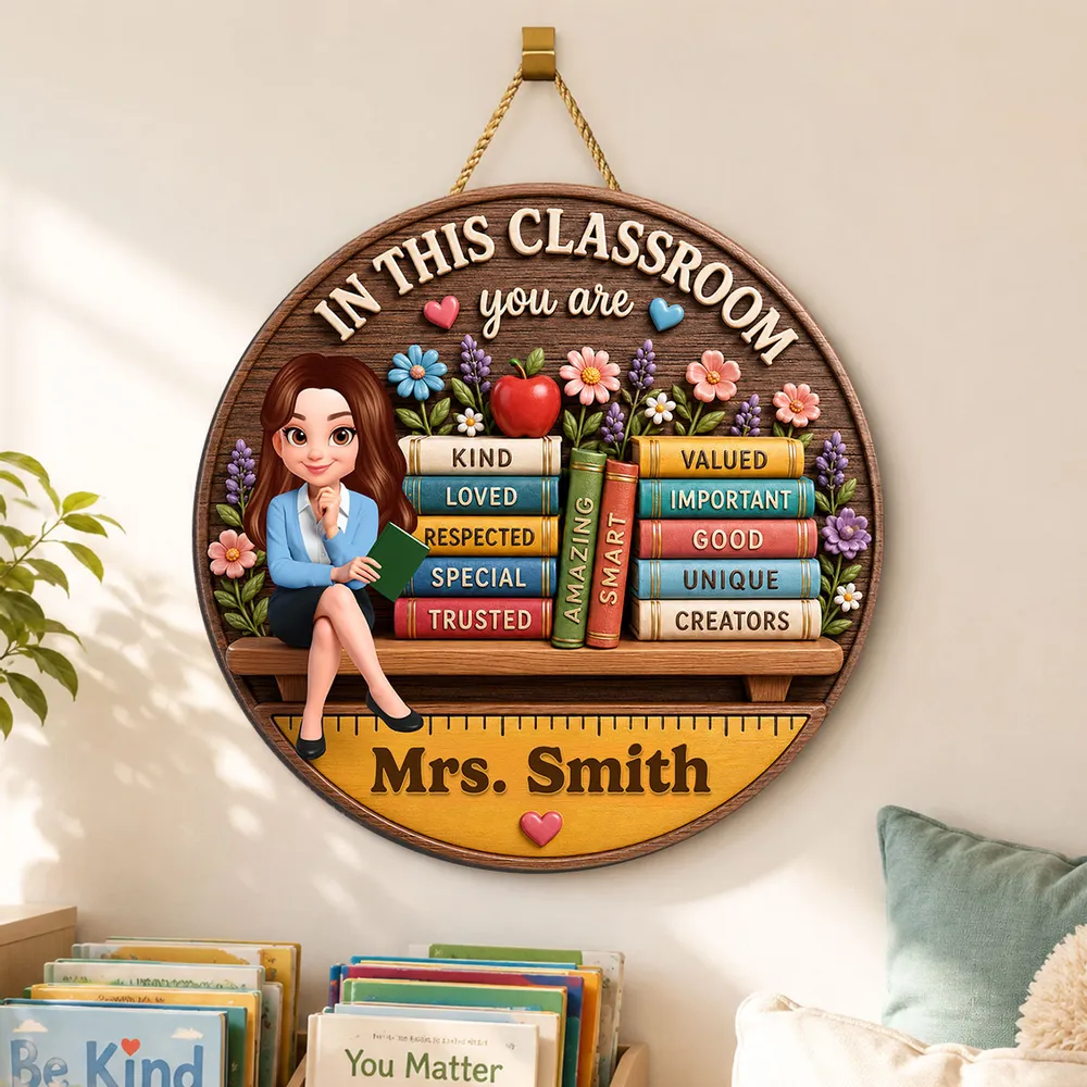 Personalized Wooden Sign for Teacher, Classroom Door Decor with Cartoon Teacher & Books, Unique Gift - Image 2