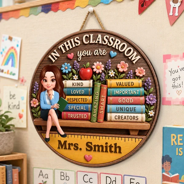 Personalized Wooden Sign for Teacher, Classroom Door Decor with Cartoon Teacher & Books, Unique Gift - Image 3
